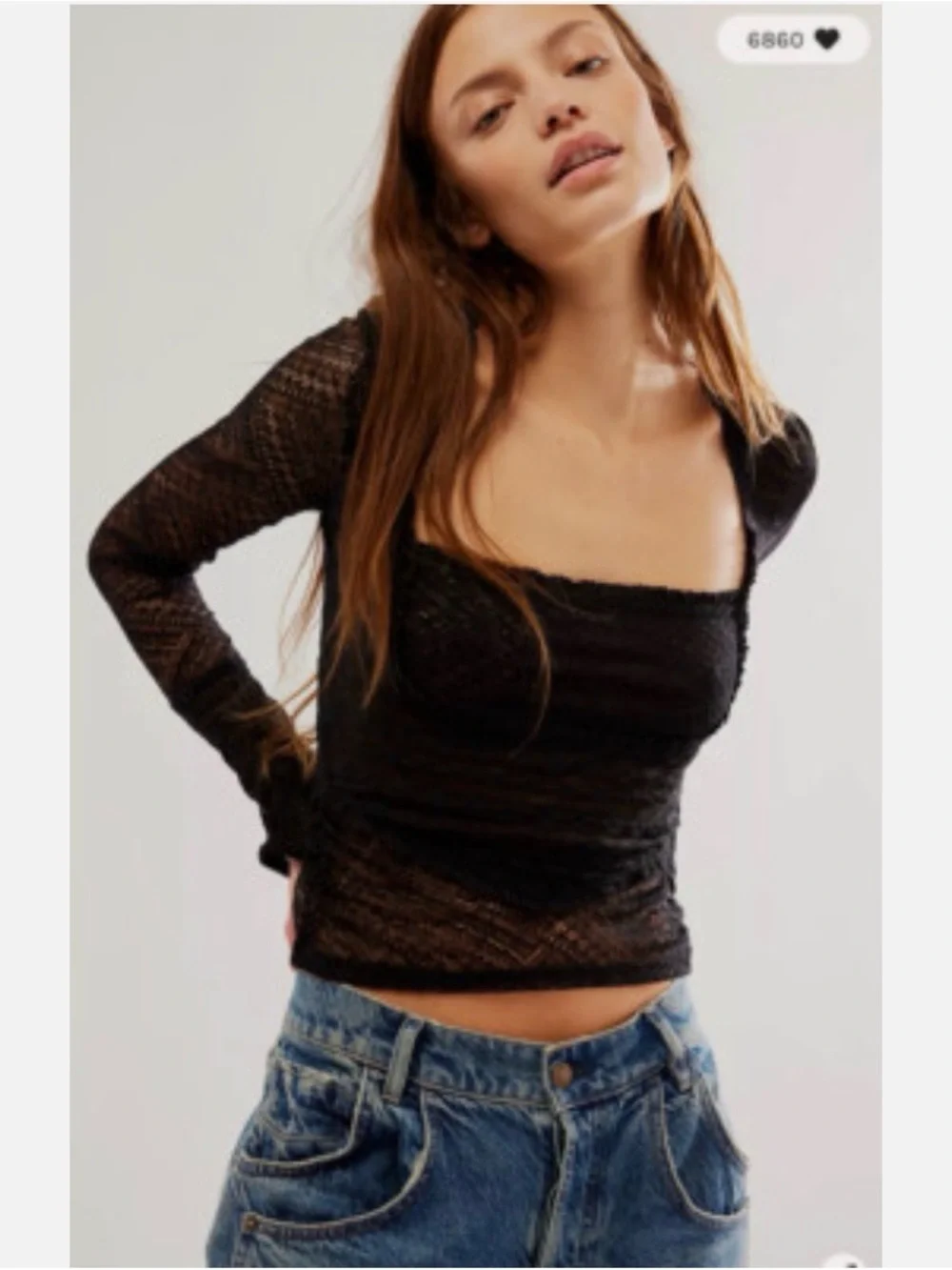 Free People Black Sheer Lace Long-Sleeve Top